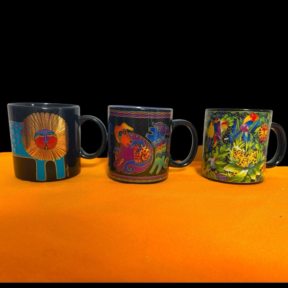 Lot of 3 Laurel Burch Ceramic Coffee Cups Mugs Lion, Dogs , Jungle